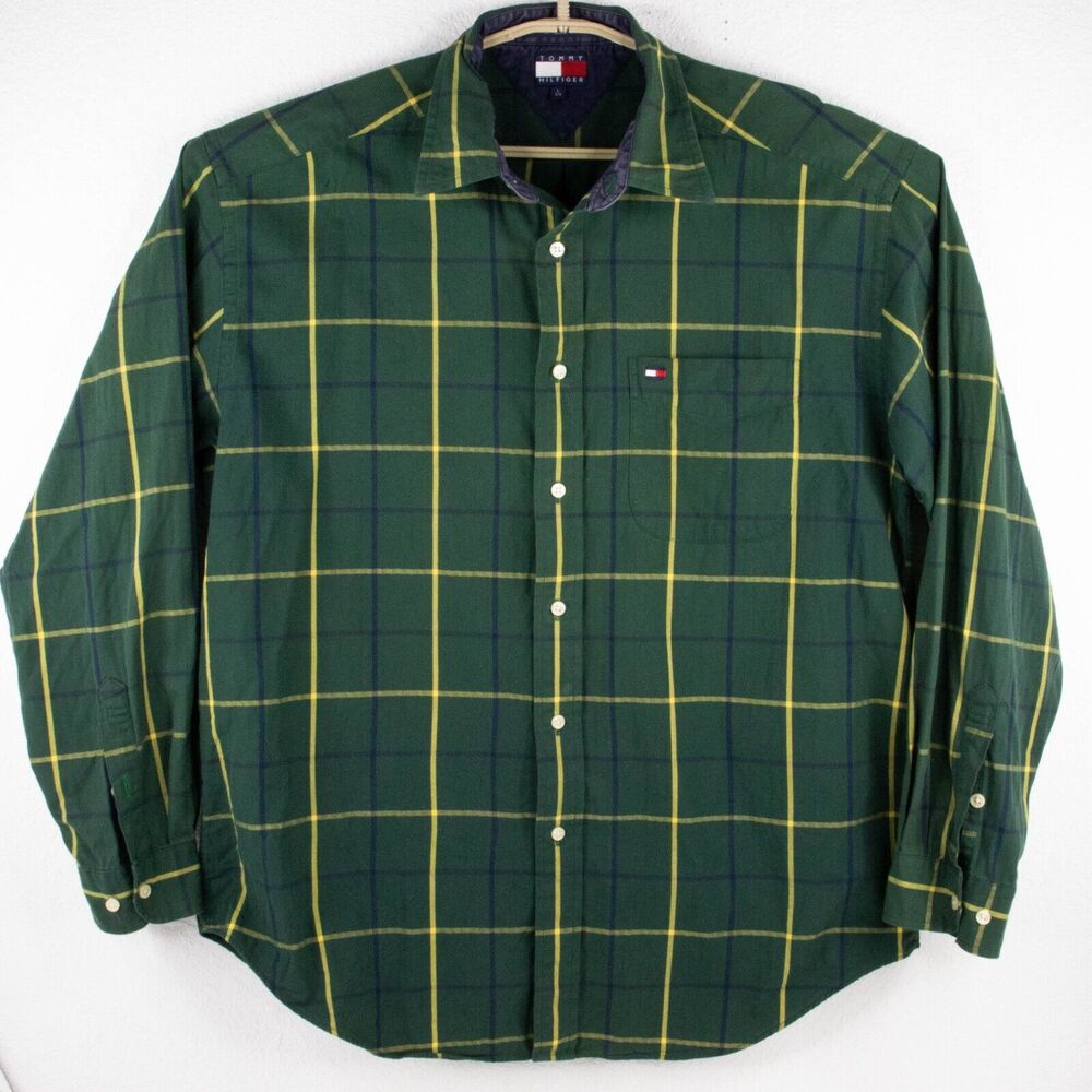 Vintage Tommy Hilfiger Shirt Green Plaid Long Sleeve Button Up SIZE L